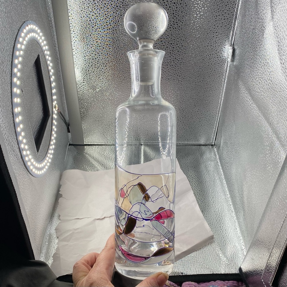 Vintage lead free mouth blown crystal stained glass decanter made in Romania
